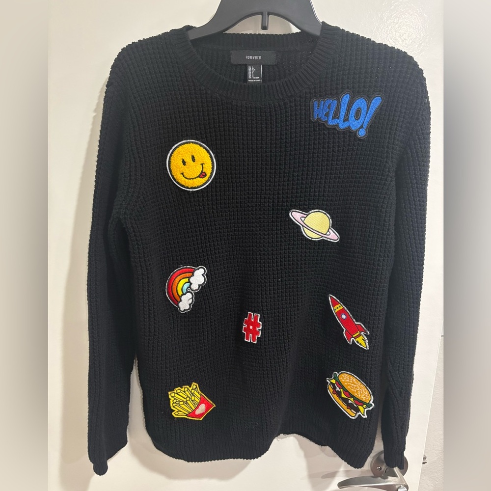 Forever21 LIKE NEW Black Sweater with Cute Patches, Large